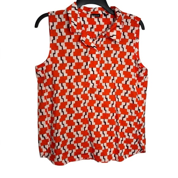 Emme Marella Abstract Artsy Orange Sleeveless Button Collar Top Size 44- US 8 - Picture 1 of 11